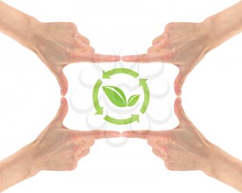 Ecology concept. Ecology symbol in the center of people's hands