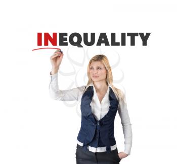 White woman wrote marker word inequality. Social inequality concept