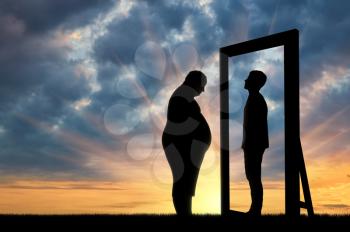 Fat sad man and his reflection in the mirror of a normal man against sky. Obesity concept
