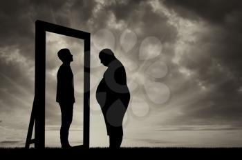 Fat sad man and his reflection in the mirror of a normal man against sky. Obesity concept