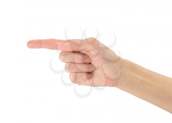 Gesture of the hand. Hand with index finger, showing the left. Isolated on white background