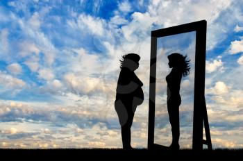 concept of fight against obesity and the desire to be slim. Silhouette thick and slender woman reflected in a mirror