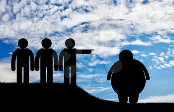 People stand and banish fat man on sky background. Concept obesity