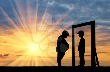 Fat boy and his reflection in the mirror of a normal boy against sky. Obesity concept