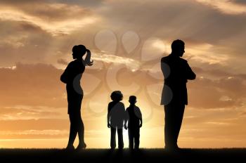 Conflict and divorce in the family. Sad children and parents turned away from each other