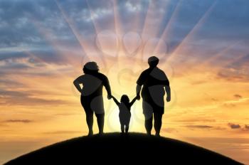 Fat, obese family is standing on a hill. Concept of obesity
