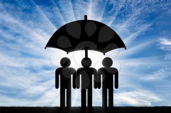 Three icons of little men stand under umbrella together. Concept of teamwork