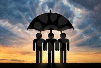 Three icons of little men stand under umbrella together. Concept of social security
