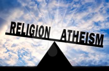 Word atheism is more powerful than the word religion on the scales. Concept of atheism