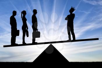 Three employees of the team are weightier than one selfish employee with a crown on the scales. Concept of team spirit in business and not selfishness