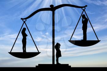 Divorce in the family. Silhouette of a little sad girl baby crying standing between mom and dad, they stand on the scales of justice, mom in priority. The concept of divorce and division of children