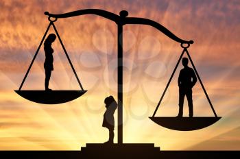 Silhouette of a little sad girl baby crying standing between mom and dad, they stand on the scales of justice, dad in priority. The concept of divorce and division of children