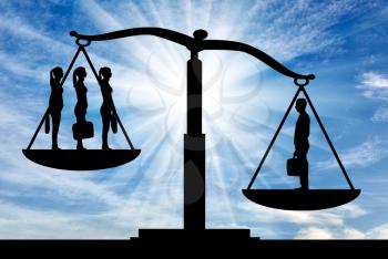 A silhouette of one man is more powerful than three women on the scales of justice. The concept of gender inequality and discrimination