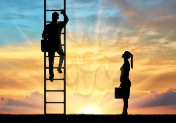 Silhouette of workers, a man climbs the career ladder instead of a woman. The concept of gender inequality in career and business