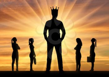 Silhouette of a big man with a crown and four small women near him. The concept of gender inequality