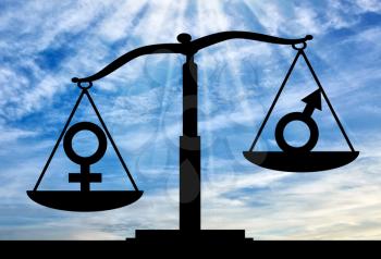 Silhouette of gender symbols on the scales of justice where the female symbol predominates. The notion of the superiority of women over men