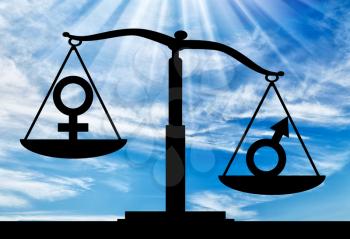 Silhouette of gender symbols on the scales of justice where the male symbol predominates. The concept of gender inequality in women