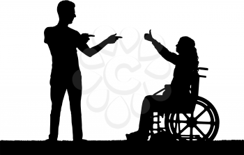 Vector silhouette happy disabled woman in a wheelchair with the man who supports it. Conceptual scene, element for design