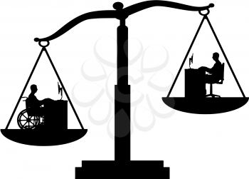 Vector silhouette of a worker disabled male in a wheelchair in priority over the employee healthy man on the scales of justice. Conceptual scene, element for design