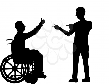 Vector silhouette happy disabled person in a wheelchair and comrade who supports it. Conceptual scene, design element