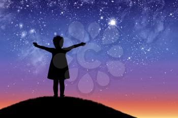 Silhouette, little happy girl child standing on a hill looking not starry beautiful sky. Conceptual image