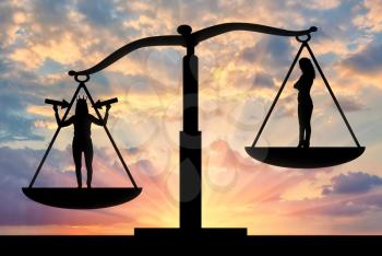 Silhouette of a selfish woman with a crown on her head in priority on the scales of justice with an ordinary woman. The concept of a selfish and narcissistic personality