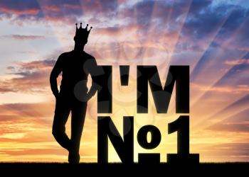 Silhouette of a selfish and narcissistic man with a crown on his head near the word, I'm number one. The concept of selfishness and narcissistic personality