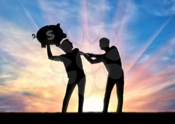 The concept of greed and selfishness. Silhouette of a man trying to take from another man a piggy bank with money