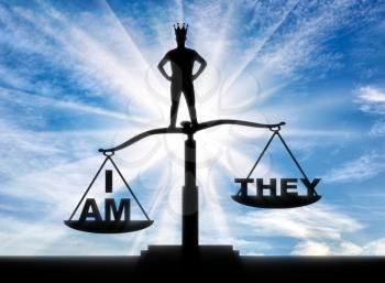 Concept of selfishness and narcissistic person. Silhouette of a man with a crown, standing on the scales of justice chooses his interests