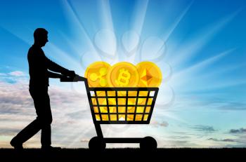 Silhouette of a man and a crypto currency in a grocery cart. The concept of purchasing crypto currency