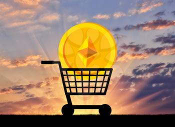 The ethereum lies in the grocery cart. The concept of buying and selling of crypto currency