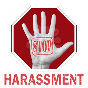 Stop harassment conceptual illustration. Open hand with text stop harassment on a white background. Global social problem