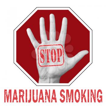 Stop marijuana smoking conceptual illustration. Open hand with the text stop marijuana smoking. Global social problem