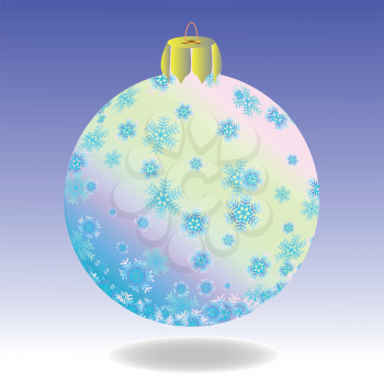 Striped fur-tree ball with snowflakes on a violet background.
