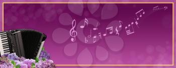 Musical banner with an accordion in purple tones.
