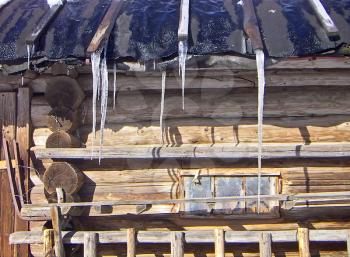 Long icicles hang down from a roof. March day.