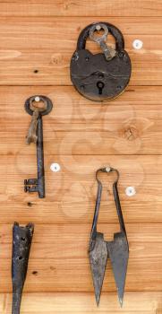 Old lock, keys and scissors for shearing. Fragment of the exposition museum.