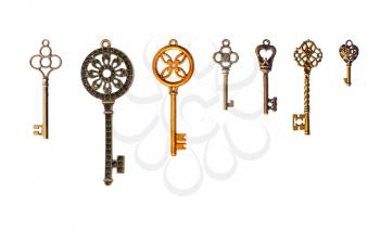 Set of decorative seven keys. Isolated on white.