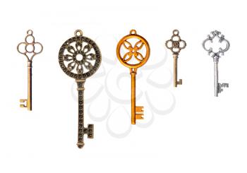 A set of five decorative keys. Isolated on white.