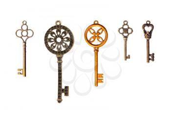 A set of five decorative keys. Isolated on white.