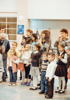 Udomlya City, Russia - 25 December 2015: Opening of the exhibition of children's drawings.