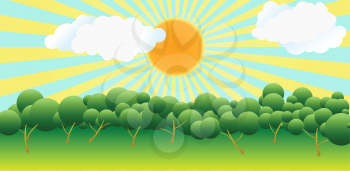 Stylized vector illustration with bright sun, radiating sunshine, clouds, trees and meadows.