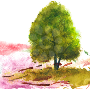 Landscape with a tree on a sunny afternoon. The watercolor. There is a variant in the vector.