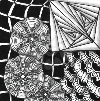 Abstract drawing in the style of zenart. Black and white flowers and geometric shape.