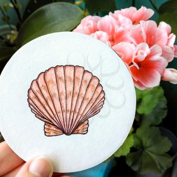 Photo with seashell. Colour pencils. Drawn by hand