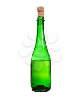Dark green glass bottle with white wine isolated on a white background