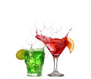 glasses of red cocktail drink green isolated on white background