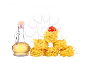 Ingredients for pasta. Spaghetti, chili, oil, garlic isolated on white