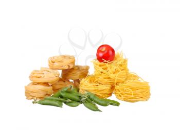 Ingredients for pasta. Spaghetti, chili, garlic isolated on white