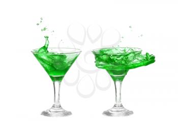 collage of green cocktail with splash isolated on white background